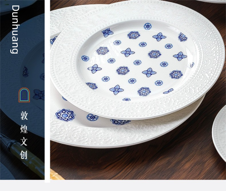 Dunhuang Cultural and Creative Tableware Set Custom Dinner Plate Pure White Relief Bowl Plate Chopsticks High-Value Ceramic Tableware Gift Set