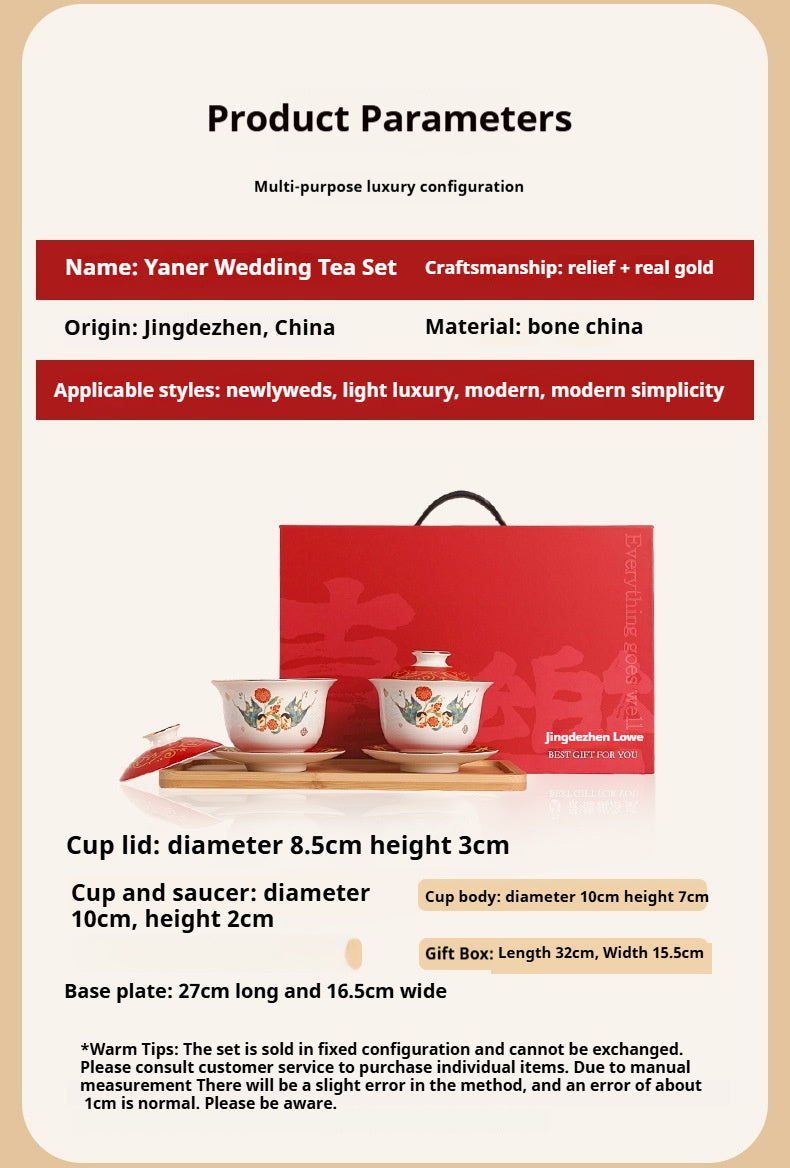 Tea Cup Wedding Newlywed Pair Bowl and Chopsticks Set Tea Set Newlywed Change of Mouthpiece Wedding Tea Cup Dowry Item Red Gaiwan