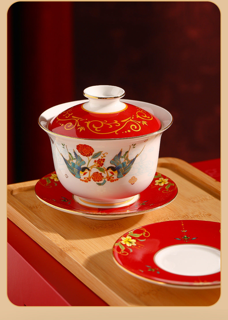 Tea Cup Wedding Newlywed Pair Bowl and Chopsticks Set Tea Set Newlywed Change of Mouthpiece Wedding Tea Cup Dowry Item Red Gaiwan