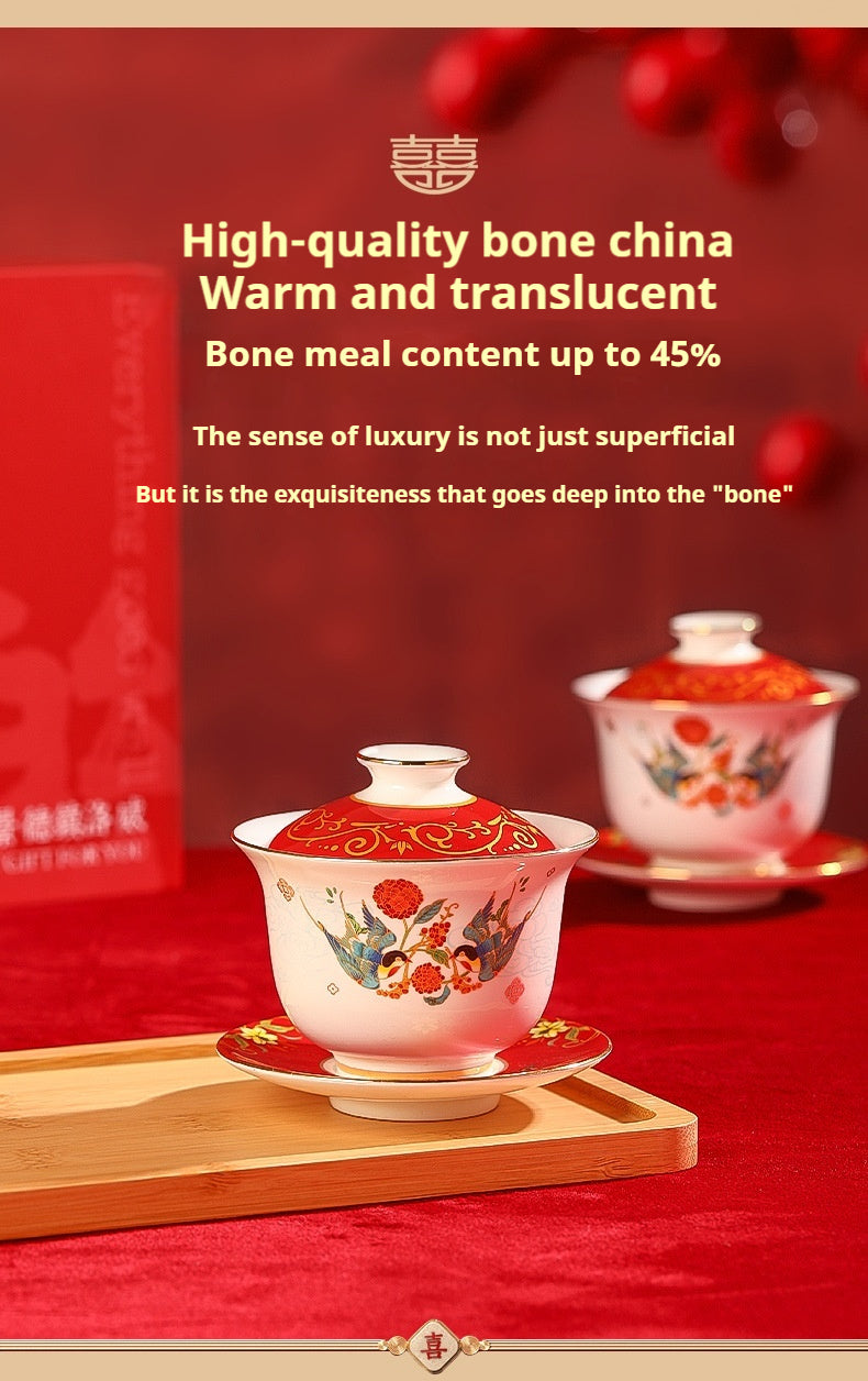 Tea Cup Wedding Newlywed Pair Bowl and Chopsticks Set Tea Set Newlywed Change of Mouthpiece Wedding Tea Cup Dowry Item Red Gaiwan
