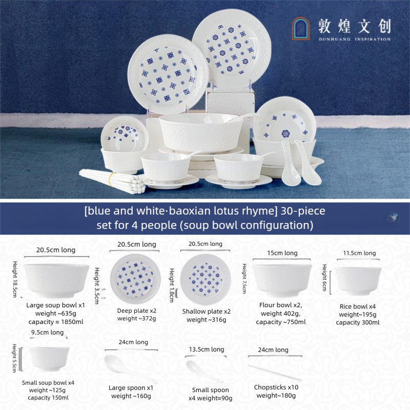 Dunhuang Cultural and Creative Tableware Set Custom Dinner Plate Pure White Relief Bowl Plate Chopsticks High-Value Ceramic Tableware Gift Set