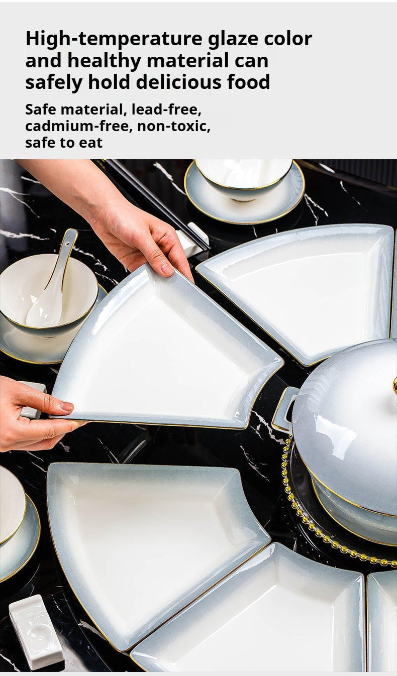 Jingdezhen Ceramic Tableware Custom Plates Dish Plates Household Reunion Platter Tableware Set Fan-Shaped Plates Bowls Dishes Set