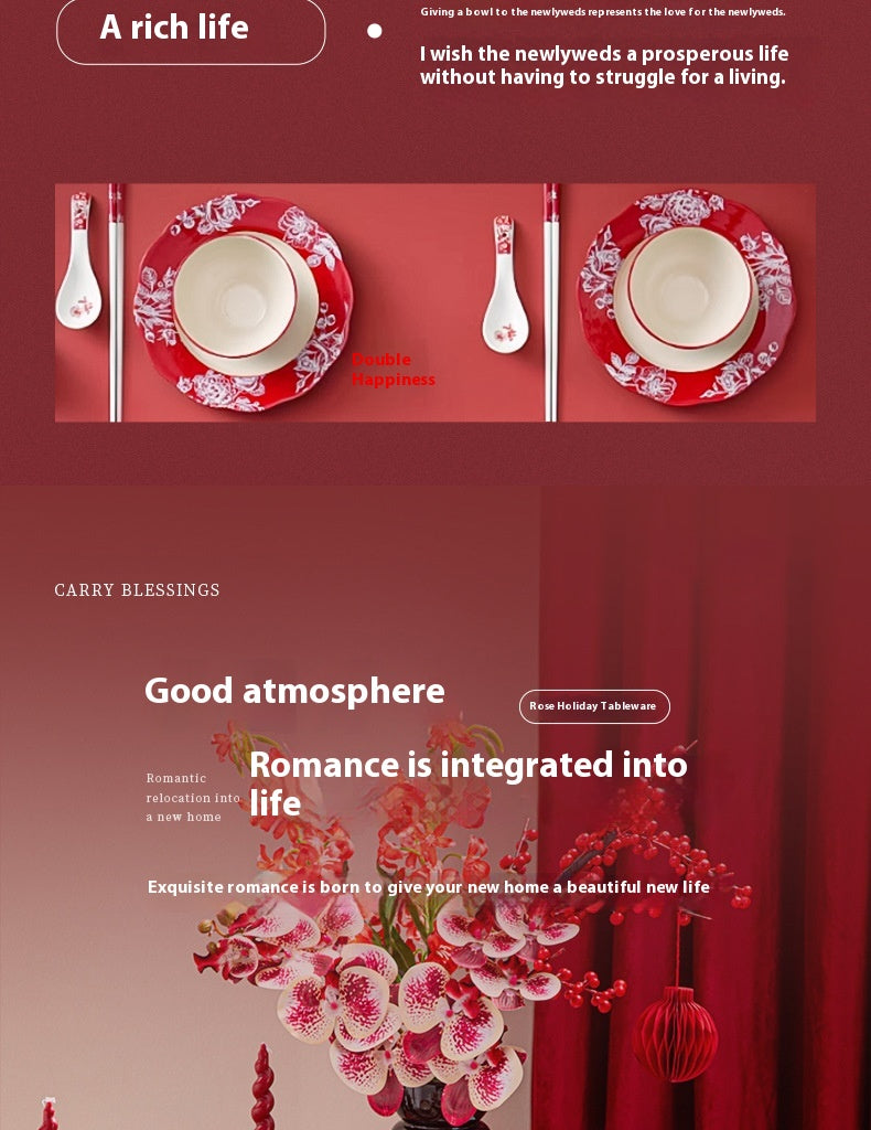 High-end Bowl and Plate Tableware Ceramic Wedding Gift for Bride Red Bowl Plate Chopstick Set Housewarming New Home Wedding Gift Box