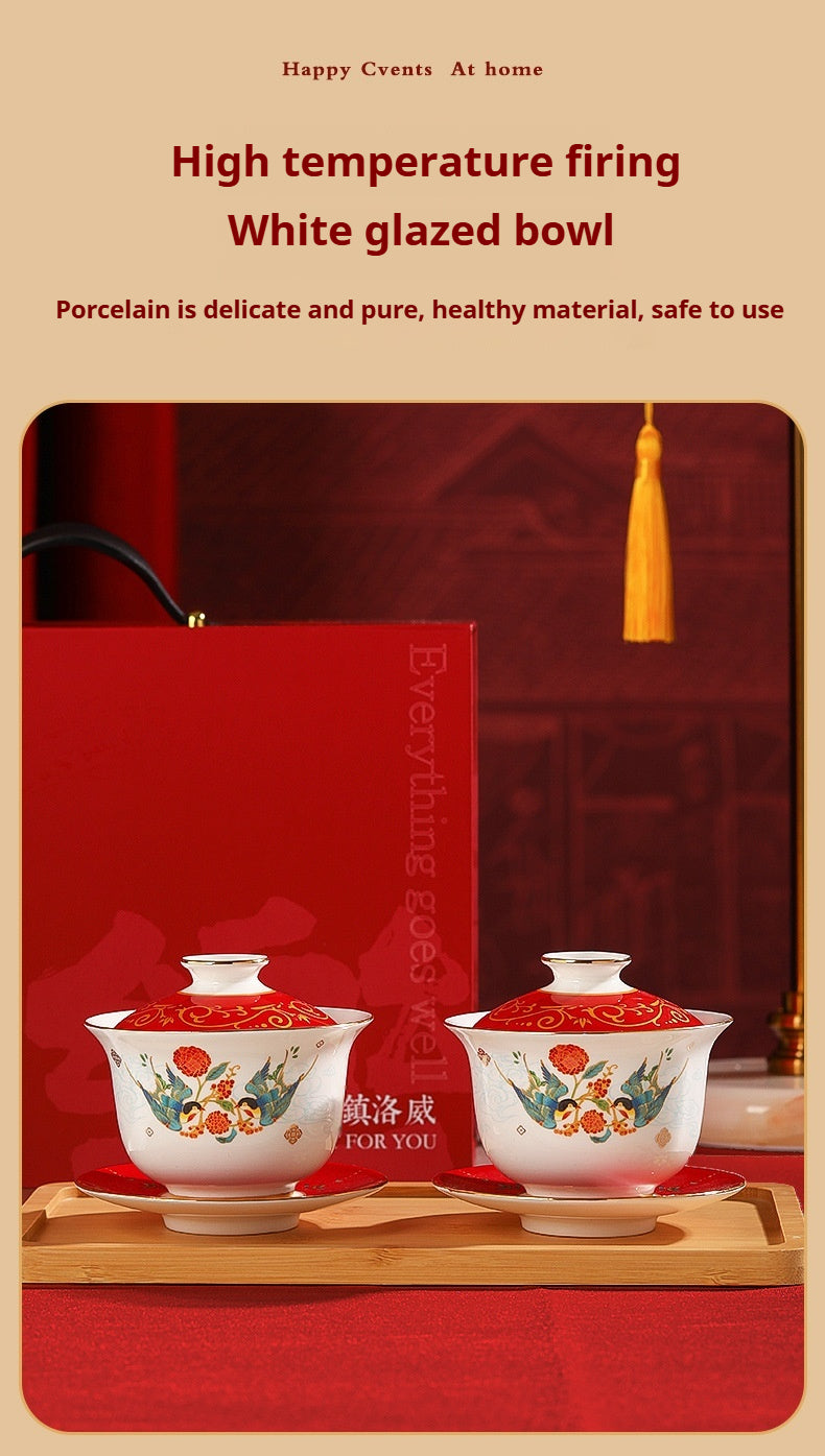 Tea Cup Wedding Newlywed Pair Bowl and Chopsticks Set Tea Set Newlywed Change of Mouthpiece Wedding Tea Cup Dowry Item Red Gaiwan