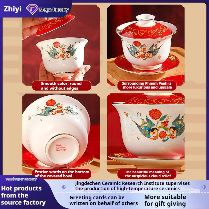 Tea Cup Wedding Newlywed Pair Bowl and Chopsticks Set Tea Set Newlywed Change of Mouthpiece Wedding Tea Cup Dowry Item Red Gaiwan