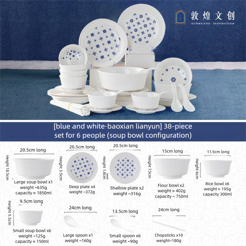 Dunhuang Cultural and Creative Tableware Set Custom Dinner Plate Pure White Relief Bowl Plate Chopsticks High-Value Ceramic Tableware Gift Set
