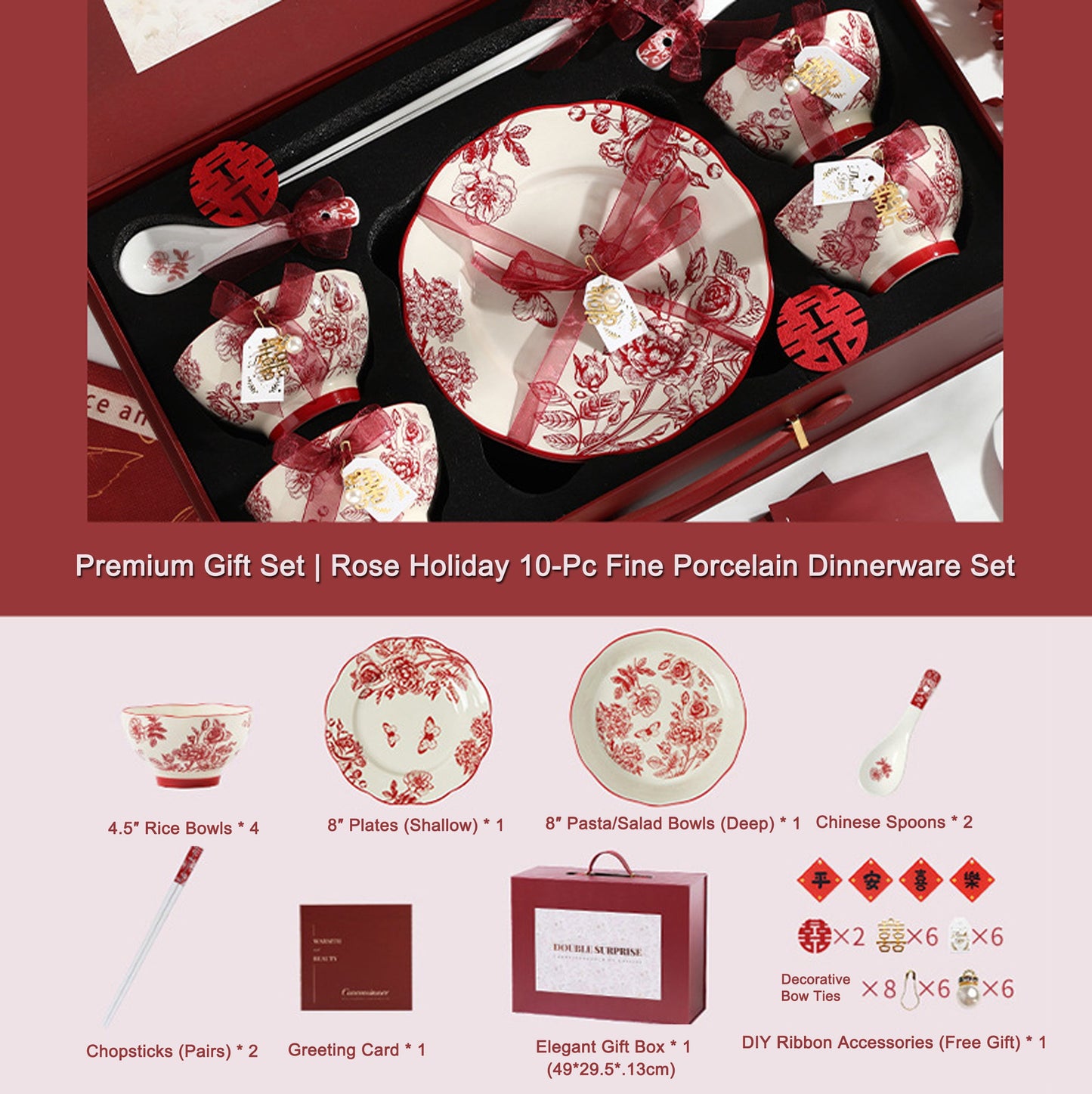 High-end Bowl and Plate Tableware Ceramic Wedding Gift for Bride Red Bowl Plate Chopstick Set Housewarming New Home Wedding Gift Box