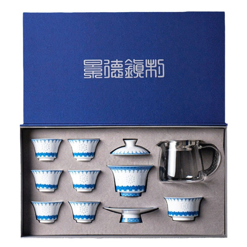 Jingdezhen Blue and White Tea Set Custom High-end Business Gift Gaiwan Teacup Set Housewarming Gift