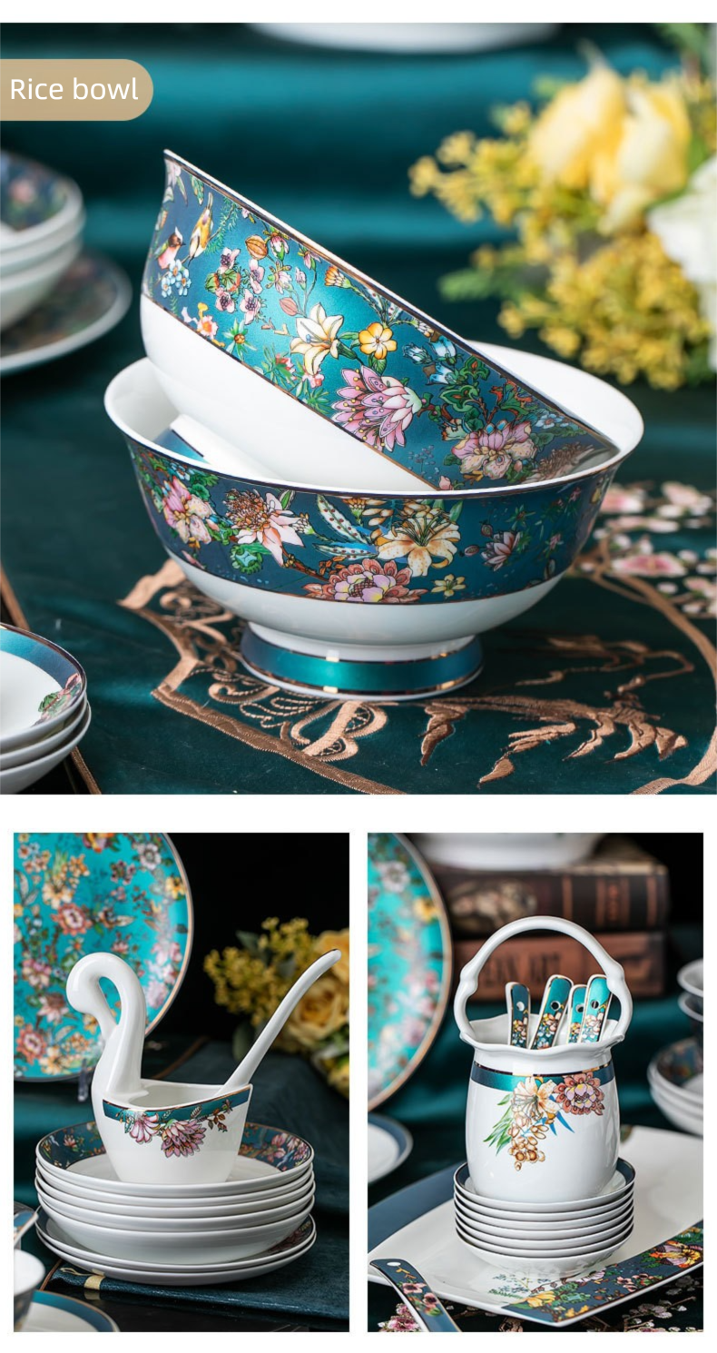 Jingdezhen Bone China Tableware Set Custom Chinese Style Flower and Bird Bowl and Plate Set High Aesthetic Housewarming Gift Set