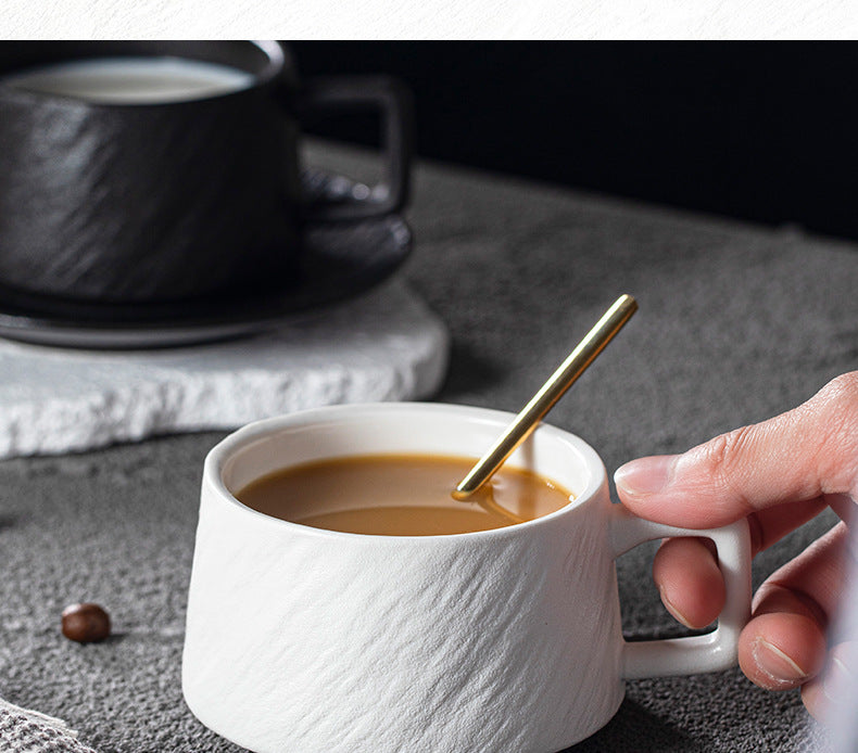 Nordic Black and White Ceramic Cup with Saucer Afternoon Tea Coffee Cup Latte Frosted Retro Stone Pattern Ceramic Cup Simple Tea Cup