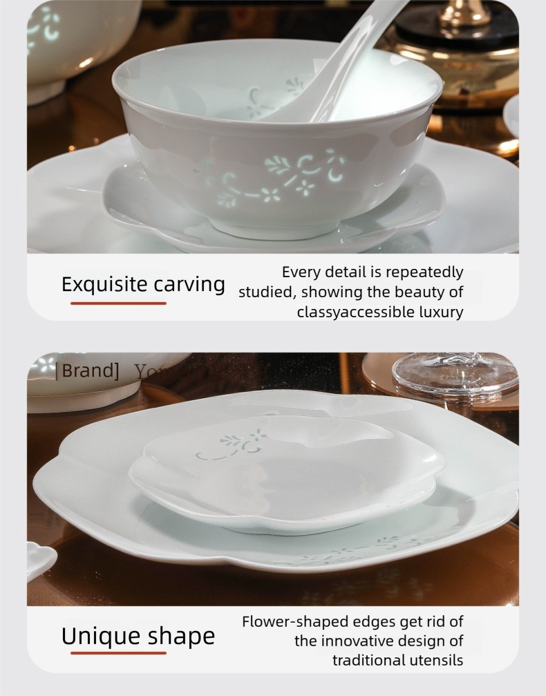 Jingdezhen Linglong Porcelain Tableware Gift Custom New Housewarming Gift Bowl and Plate Set Household Soup Bowl Noodle Bowl