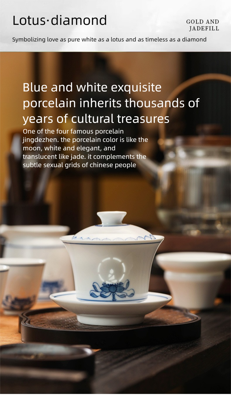 Jingdezhen Blue and White Tea Cup Set for Home Use, New Chinese Style Kung Fu Tea Set, Gongdao Cup, Tea Cup, Lid Bowl, Housewarming Gift
