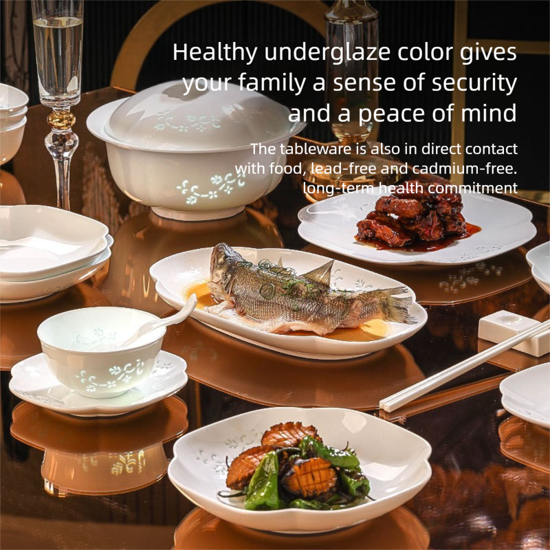Jingdezhen Linglong Porcelain Tableware Gift Custom New Housewarming Gift Bowl and Plate Set Household Soup Bowl Noodle Bowl