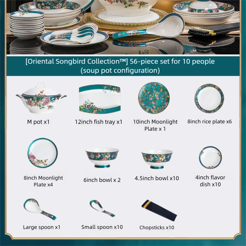Jingdezhen Bone China Tableware Set Custom Chinese Style Flower and Bird Bowl and Plate Set High Aesthetic Housewarming Gift Set