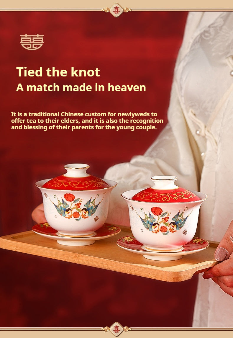 Tea Cup Wedding Newlywed Pair Bowl and Chopsticks Set Tea Set Newlywed Change of Mouthpiece Wedding Tea Cup Dowry Item Red Gaiwan