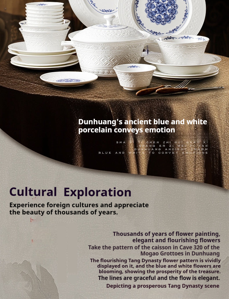 Dunhuang Cultural and Creative Jingdezhen Bone China Tableware Gift Set Custom Underglaze Color Bowl and Plate Set for Home Housewarming Gift