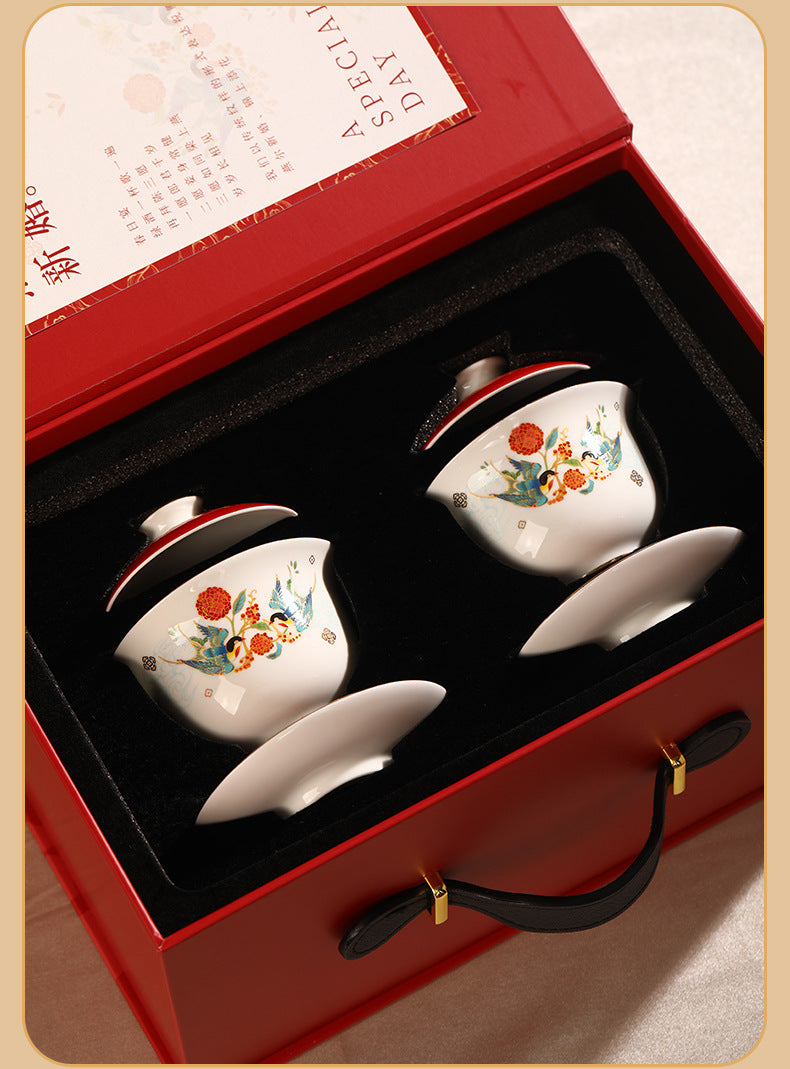 Tea Cup Wedding Newlywed Pair Bowl and Chopsticks Set Tea Set Newlywed Change of Mouthpiece Wedding Tea Cup Dowry Item Red Gaiwan