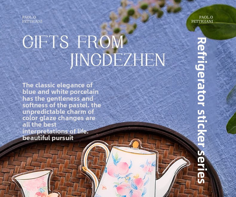 In Stock Jingdezhen Coffee Cup Saucer Refrigerator Magnet National Trend Cultural Creative Refrigerator Magnet Company Daily Gift New Wedding Souvenir