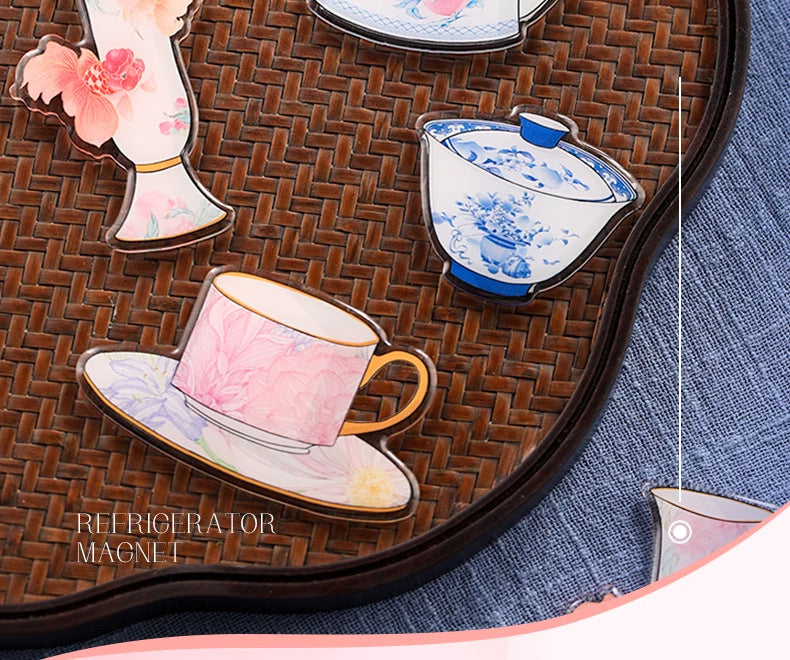 In Stock Jingdezhen Coffee Cup Saucer Refrigerator Magnet National Trend Cultural Creative Refrigerator Magnet Company Daily Gift New Wedding Souvenir