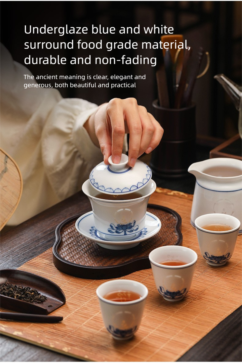 Jingdezhen Blue and White Tea Cup Set for Home Use, New Chinese Style Kung Fu Tea Set, Gongdao Cup, Tea Cup, Lid Bowl, Housewarming Gift
