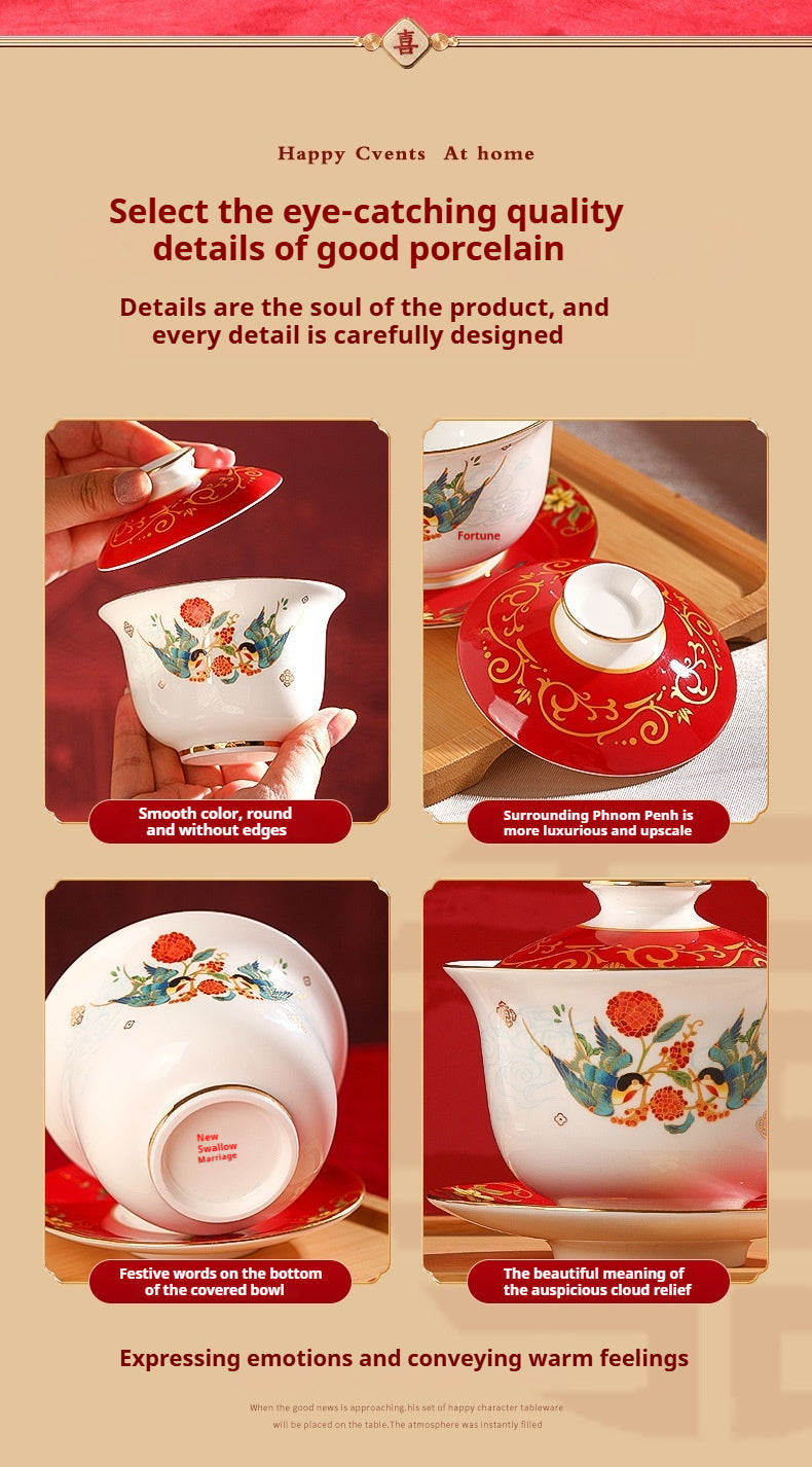 Tea Cup Wedding Newlywed Pair Bowl and Chopsticks Set Tea Set Newlywed Change of Mouthpiece Wedding Tea Cup Dowry Item Red Gaiwan
