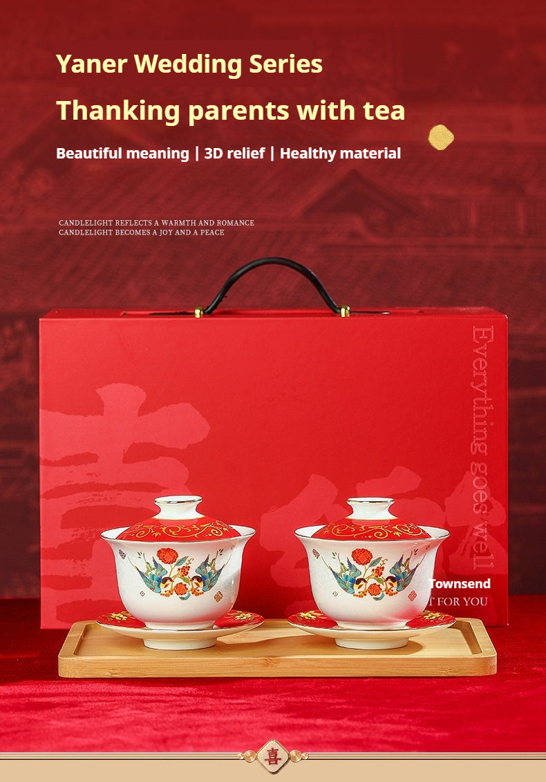 Tea Cup Wedding Newlywed Pair Bowl and Chopsticks Set Tea Set Newlywed Change of Mouthpiece Wedding Tea Cup Dowry Item Red Gaiwan