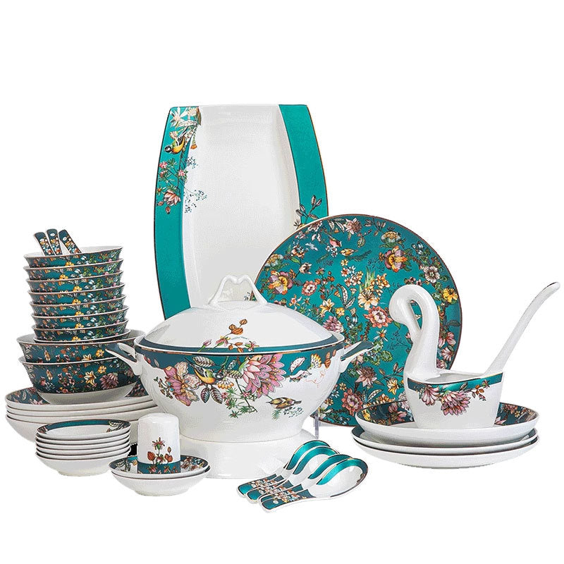 Jingdezhen Bone China Tableware Set Custom Chinese Style Flower and Bird Bowl and Plate Set High Aesthetic Housewarming Gift Set