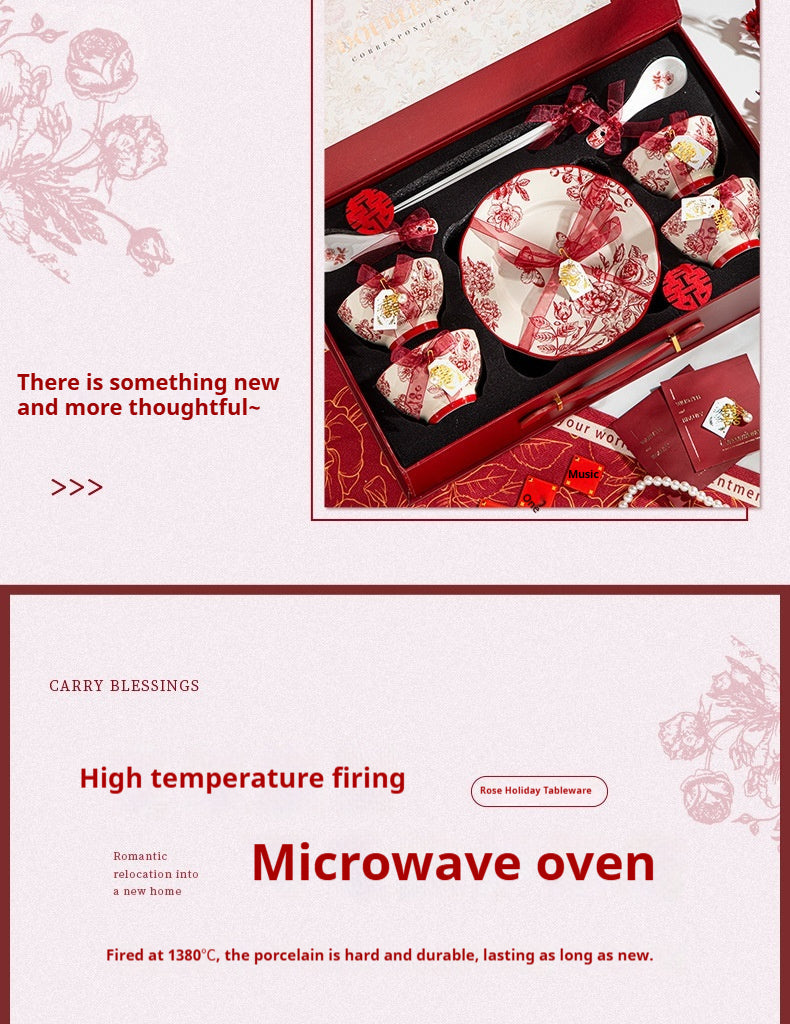 High-end Bowl and Plate Tableware Ceramic Wedding Gift for Bride Red Bowl Plate Chopstick Set Housewarming New Home Wedding Gift Box