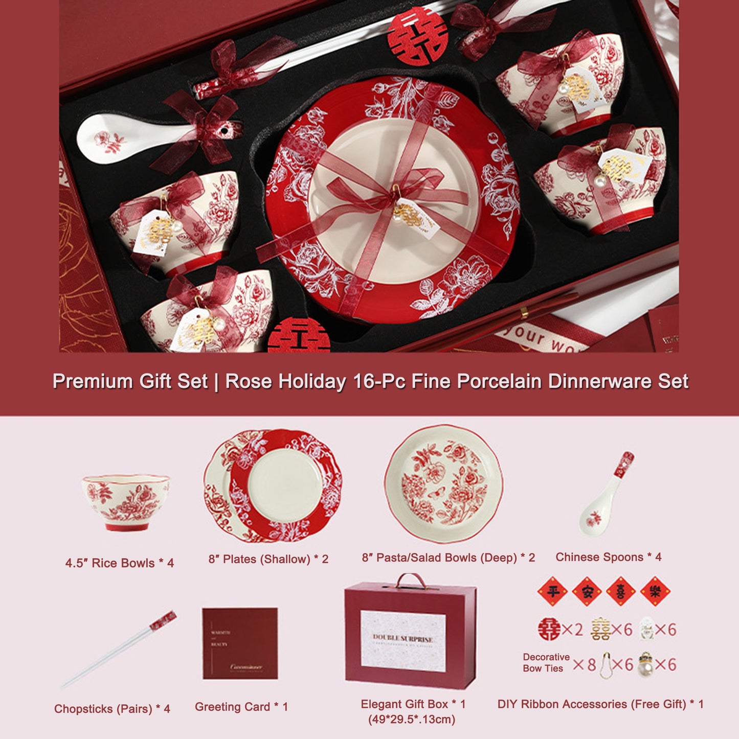 High-end Bowl and Plate Tableware Ceramic Wedding Gift for Bride Red Bowl Plate Chopstick Set Housewarming New Home Wedding Gift Box