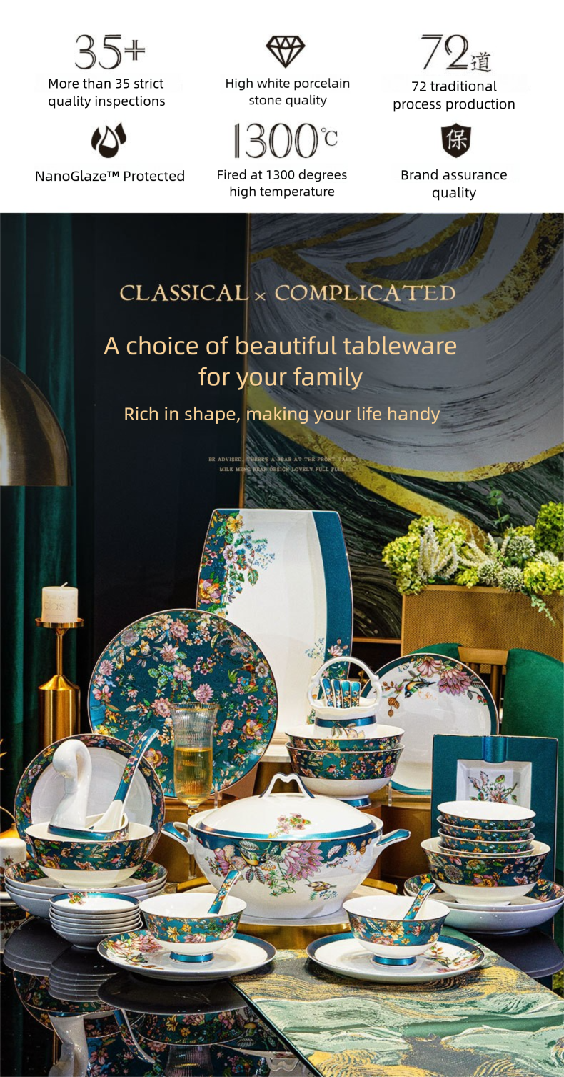 Jingdezhen Bone China Tableware Set Custom Chinese Style Flower and Bird Bowl and Plate Set High Aesthetic Housewarming Gift Set