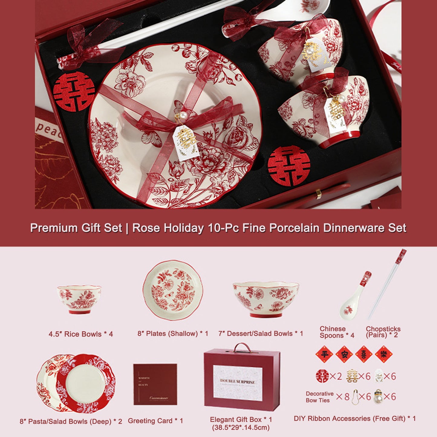 High-end Bowl and Plate Tableware Ceramic Wedding Gift for Bride Red Bowl Plate Chopstick Set Housewarming New Home Wedding Gift Box
