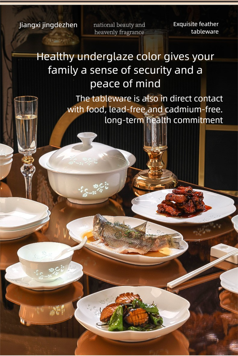 Jingdezhen Linglong Porcelain Tableware Gift Custom New Housewarming Gift Bowl and Plate Set Household Soup Bowl Noodle Bowl