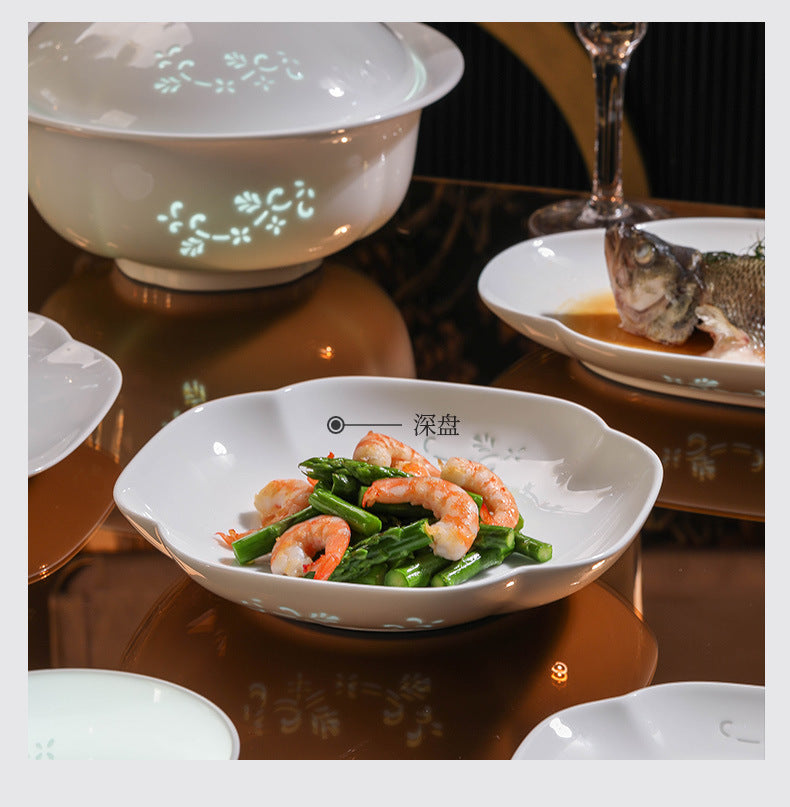 Jingdezhen Linglong Porcelain Tableware Gift Custom New Housewarming Gift Bowl and Plate Set Household Soup Bowl Noodle Bowl