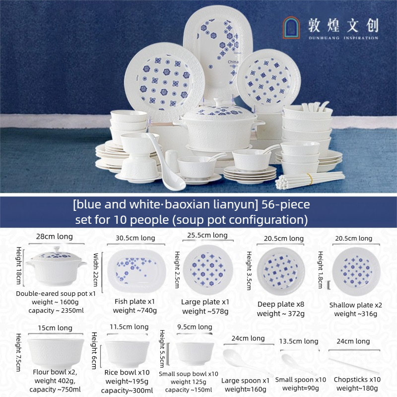 Dunhuang Cultural and Creative Tableware Set Custom Dinner Plate Pure White Relief Bowl Plate Chopsticks High-Value Ceramic Tableware Gift Set