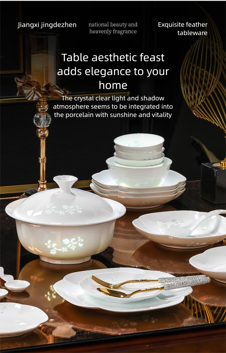 Jingdezhen Linglong Porcelain Tableware Gift Custom New Housewarming Gift Bowl and Plate Set Household Soup Bowl Noodle Bowl