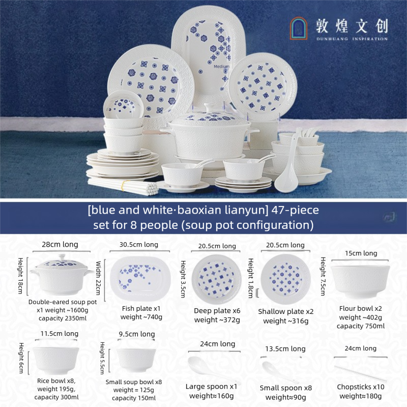 Dunhuang Cultural and Creative Tableware Set Custom Dinner Plate Pure White Relief Bowl Plate Chopsticks High-Value Ceramic Tableware Gift Set