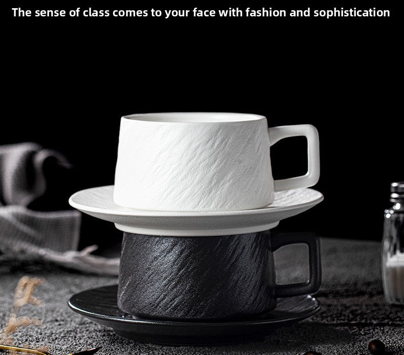 Nordic Black and White Ceramic Cup with Saucer Afternoon Tea Coffee Cup Latte Frosted Retro Stone Pattern Ceramic Cup Simple Tea Cup