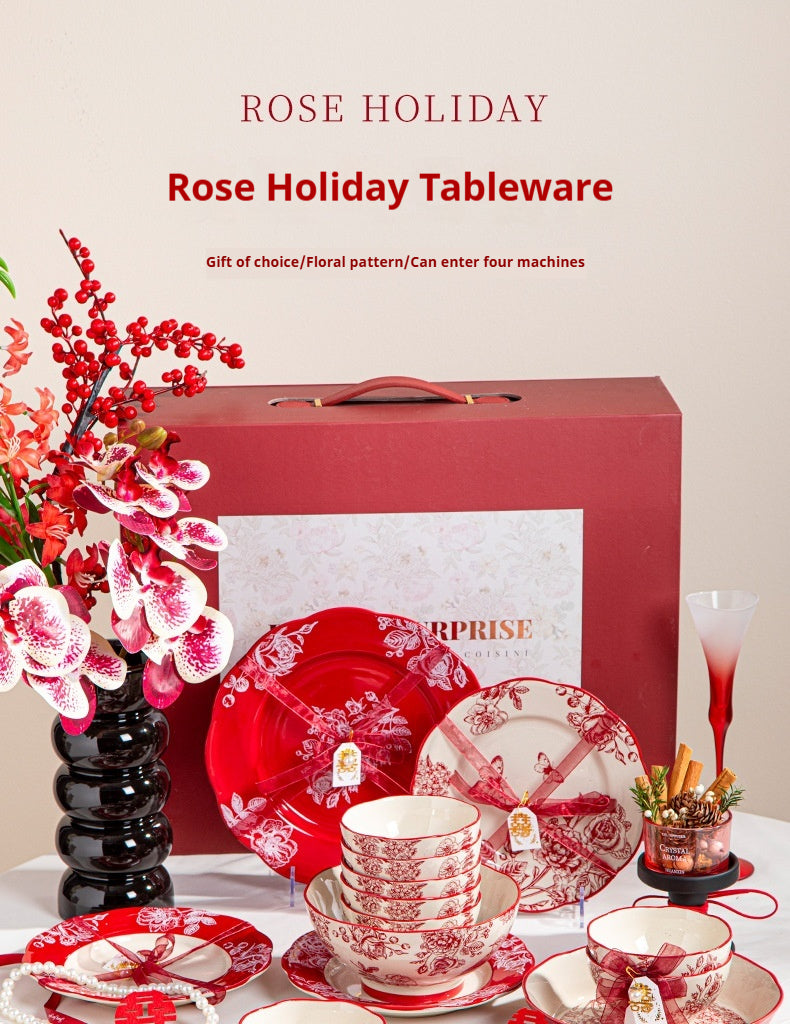 High-end Bowl and Plate Tableware Ceramic Wedding Gift for Bride Red Bowl Plate Chopstick Set Housewarming New Home Wedding Gift Box