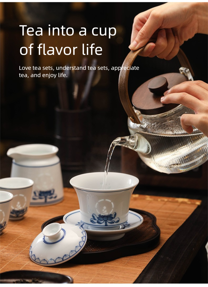 Jingdezhen Blue and White Tea Cup Set for Home Use, New Chinese Style Kung Fu Tea Set, Gongdao Cup, Tea Cup, Lid Bowl, Housewarming Gift