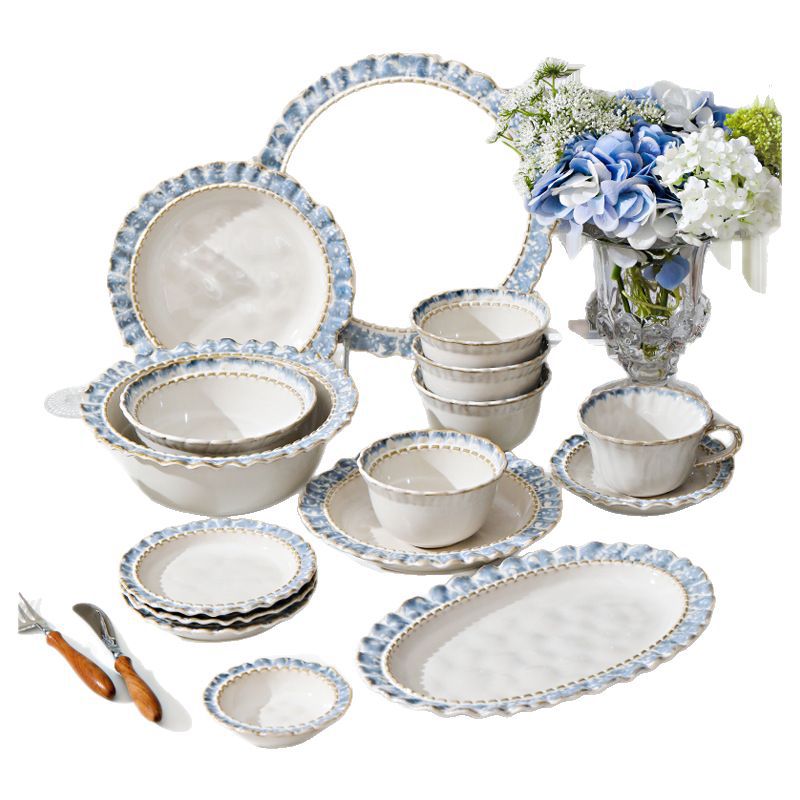 French Retro Ceramic Tableware Gift Set Bowls and Plates Home Luxury High-End Housewarming Bowls Plates Chopsticks Soup Bowls