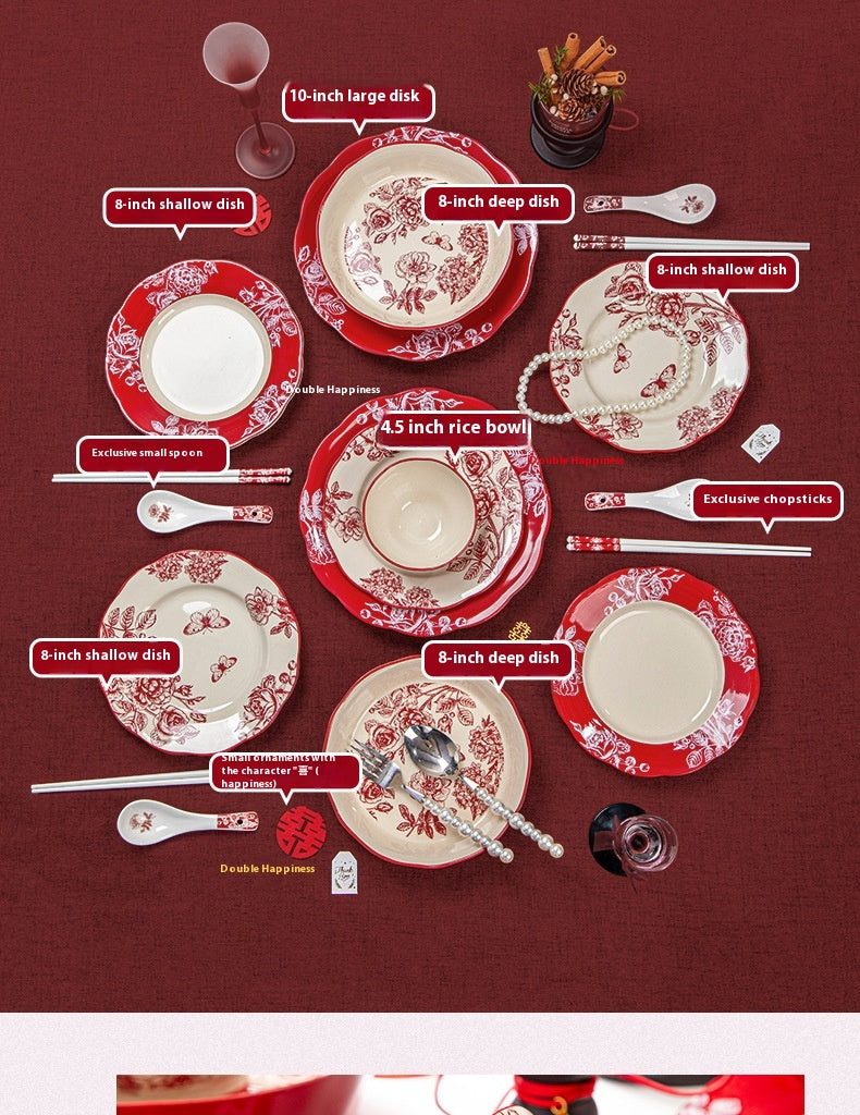 High-end Bowl and Plate Tableware Ceramic Wedding Gift for Bride Red Bowl Plate Chopstick Set Housewarming New Home Wedding Gift Box