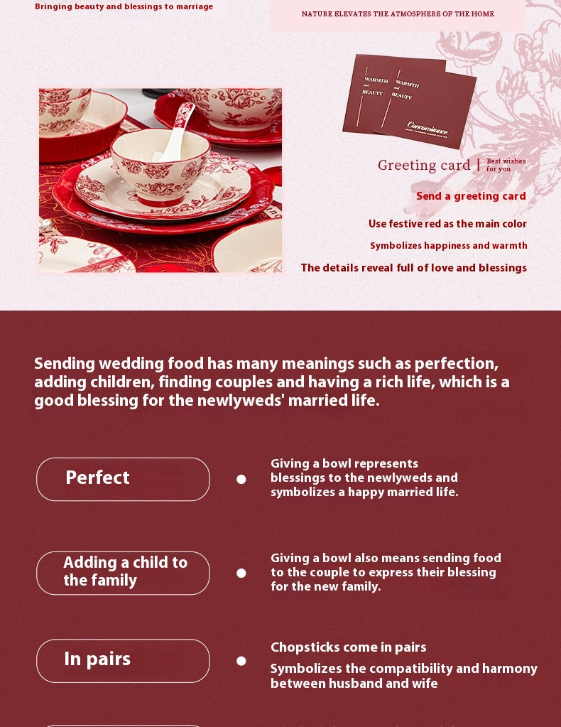 High-end Bowl and Plate Tableware Ceramic Wedding Gift for Bride Red Bowl Plate Chopstick Set Housewarming New Home Wedding Gift Box