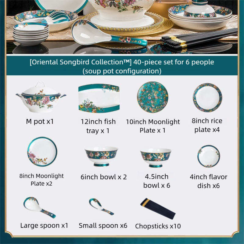 Jingdezhen Bone China Tableware Set Custom Chinese Style Flower and Bird Bowl and Plate Set High Aesthetic Housewarming Gift Set