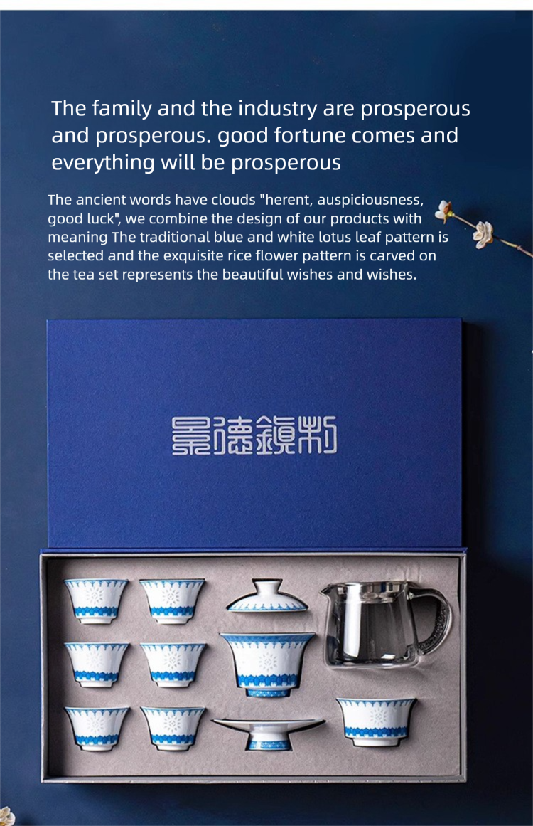Jingdezhen Blue and White Tea Set Custom High-end Business Gift Gaiwan Teacup Set Housewarming Gift
