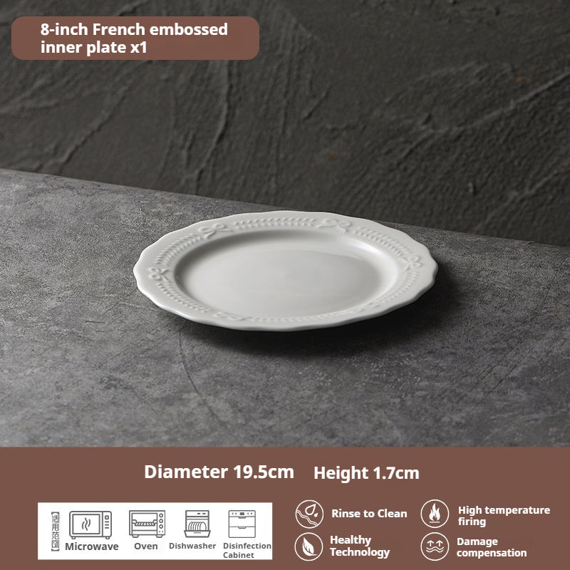 Embossed French Style Dinner Plate High-end Plate Household Dish Plate 2025 New Western Plate Ceramic Tableware Breakfast Plate