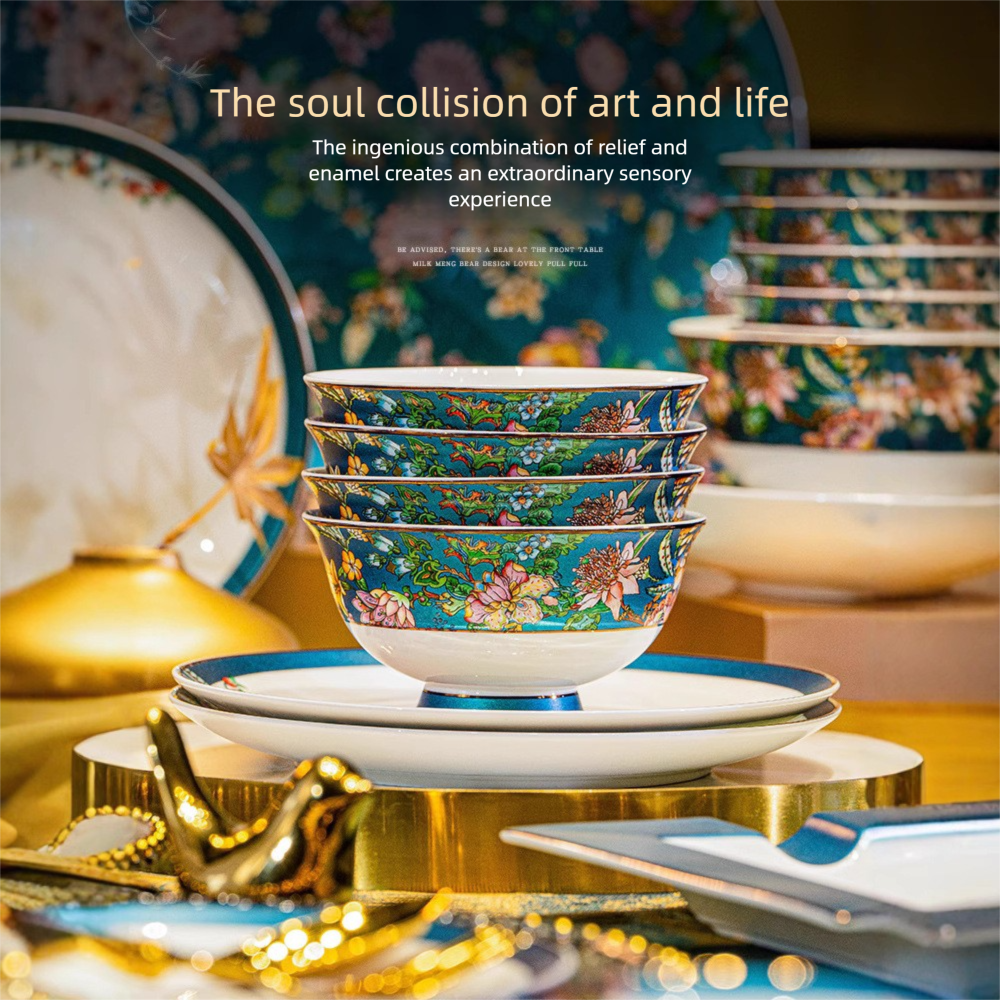 Jingdezhen Bone China Tableware Set Custom Chinese Style Flower and Bird Bowl and Plate Set High Aesthetic Housewarming Gift Set