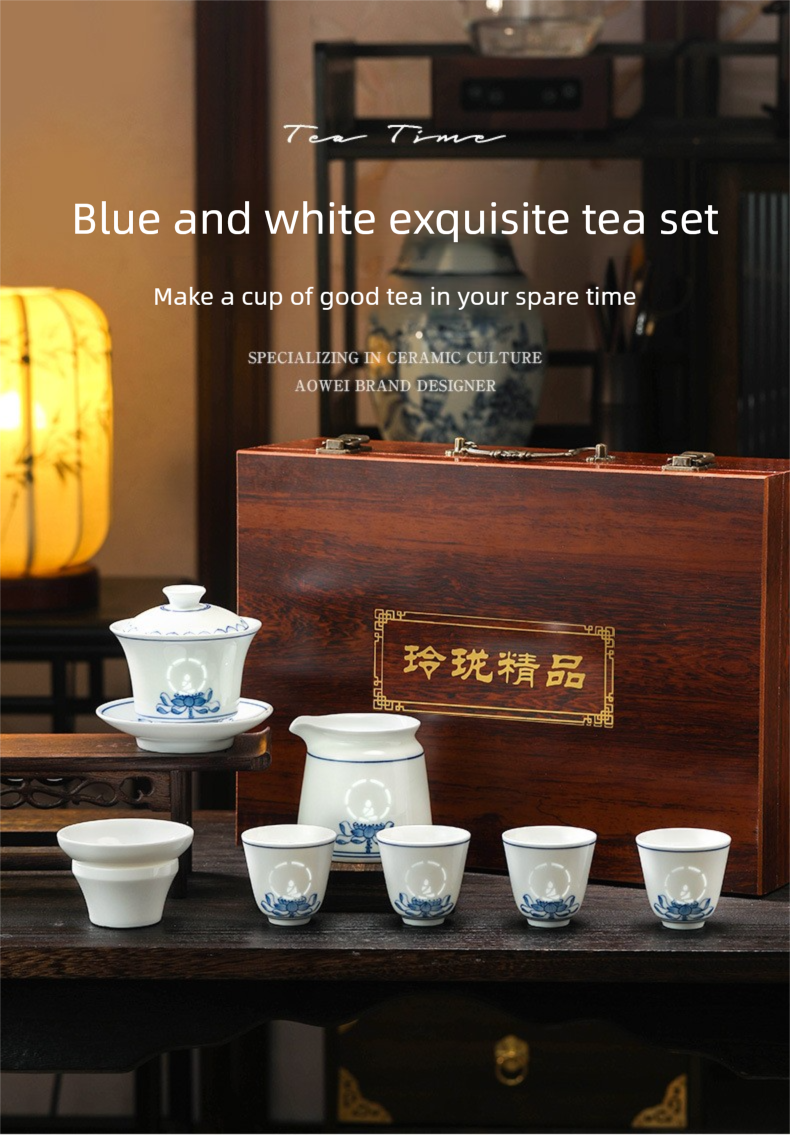 Jingdezhen Blue and White Tea Cup Set for Home Use, New Chinese Style Kung Fu Tea Set, Gongdao Cup, Tea Cup, Lid Bowl, Housewarming Gift