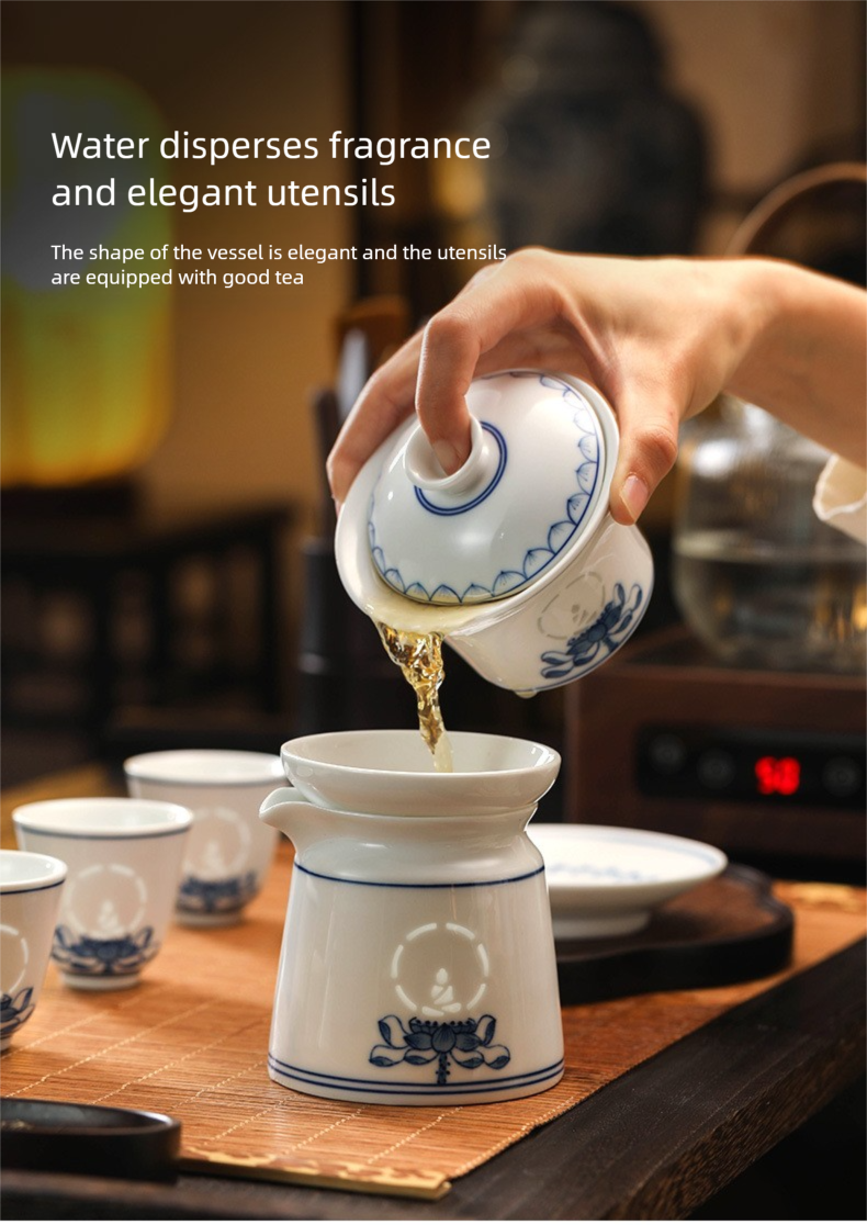 Jingdezhen Blue and White Tea Cup Set for Home Use, New Chinese Style Kung Fu Tea Set, Gongdao Cup, Tea Cup, Lid Bowl, Housewarming Gift