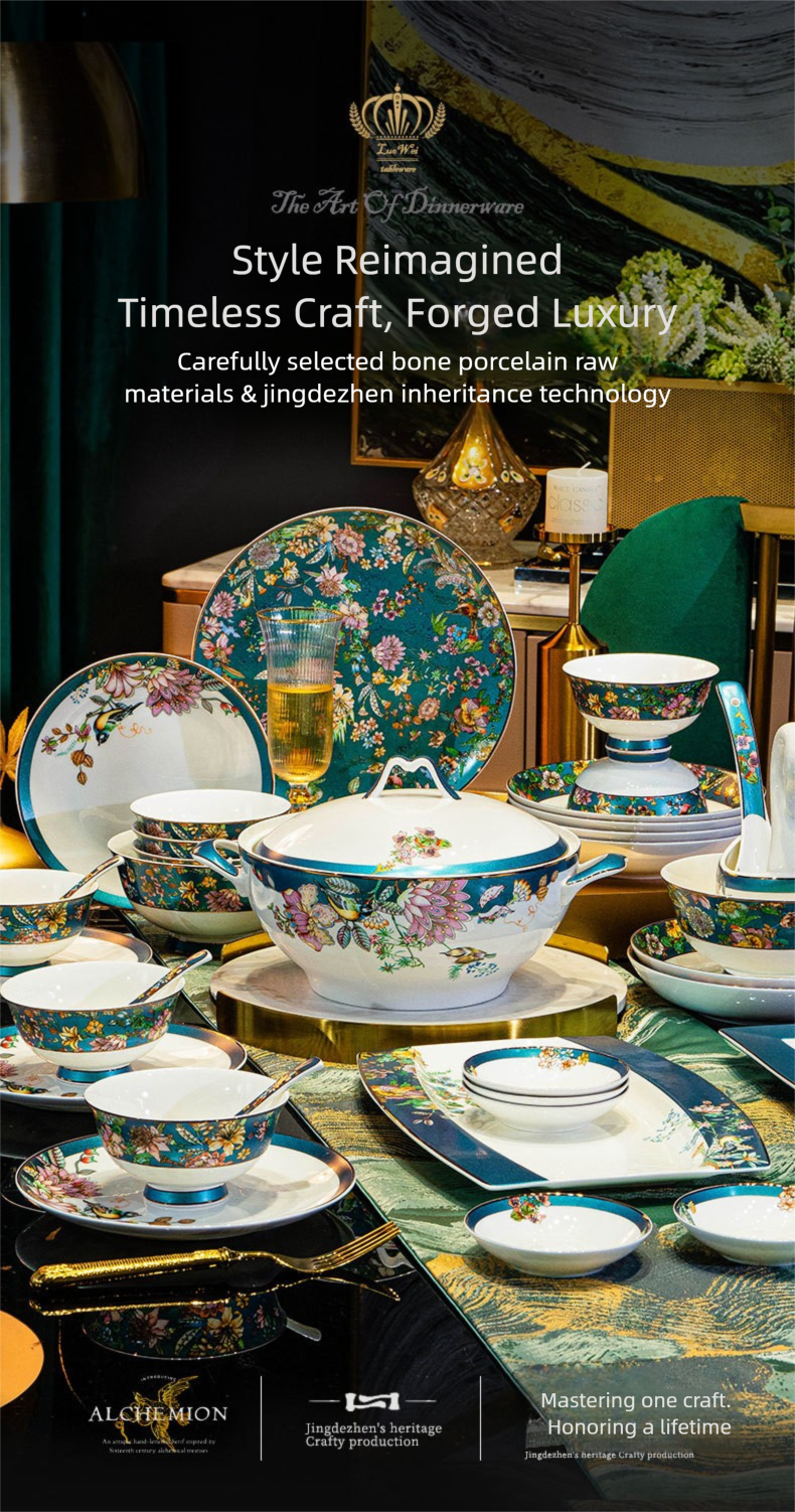 Jingdezhen Bone China Tableware Set Custom Chinese Style Flower and Bird Bowl and Plate Set High Aesthetic Housewarming Gift Set
