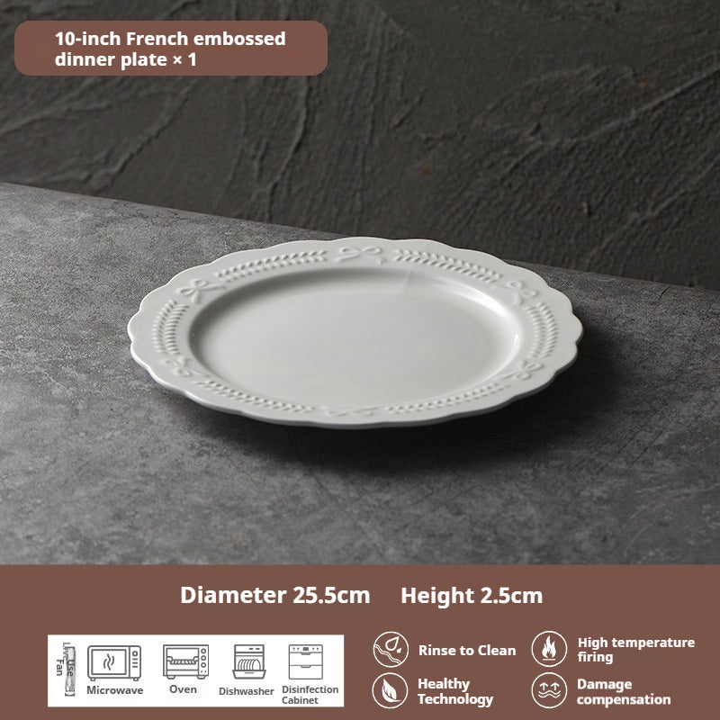 Embossed French Style Dinner Plate High-end Plate Household Dish Plate 2025 New Western Plate Ceramic Tableware Breakfast Plate
